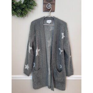 Olive+Oak Womens Size M Green Fuzzy Soft Cardigan Sweater White Stars